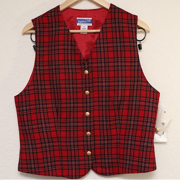 Pendleton tartan red plaid: 100% virgin wool vest - Picture 2 of 6